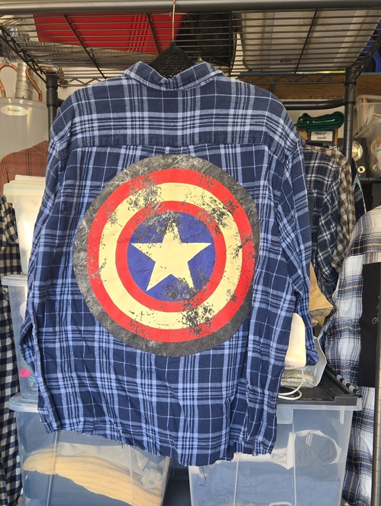 superhero Tops - Blue Plaid Button-Down Shirt with Captain Shield Graphic